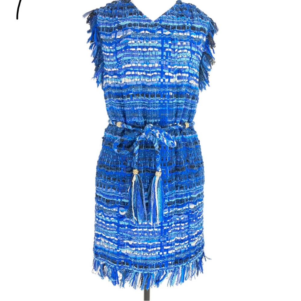 Pre-owned Chanel Greece collection muti-blue woven tweed fringes belt dress
